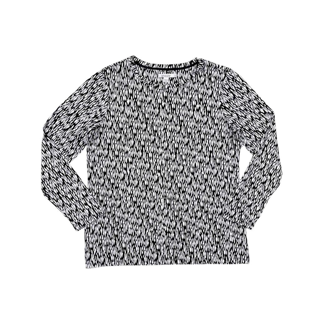 Chico's Touch Of Cool Leopard Ikat Long Sleeve Tee M Black Whimsygoth Indie